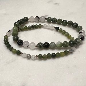 Moss agate & Montana agate genuine gemstone bracelet with gold. Set of 2